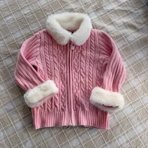 VTG Greendog Pink Cable Knit Fur Trim Full Zip Cotton Sweater 24 MOS Penny Lane